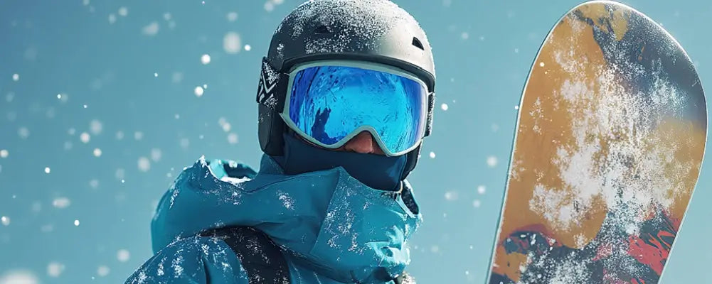 Skieur portant une cagoule et un casque, équipé de lunettes de ski réfléchissantes bleues, tenant un snowboard coloré, avec un paysage enneigé en arrière-plan.