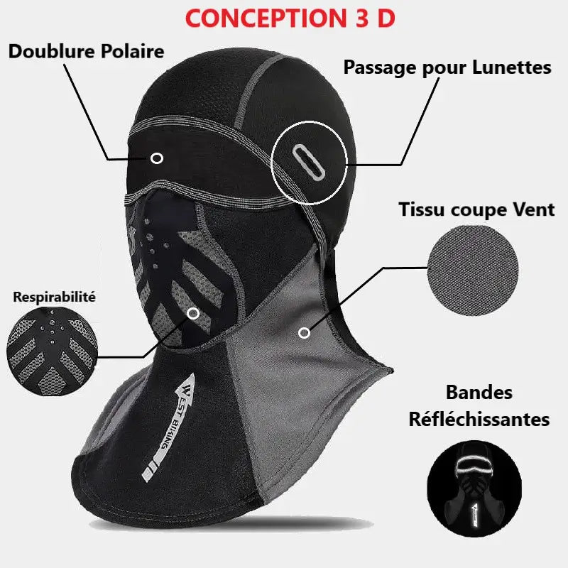 Cagoule pour moto en noir et gris avec conception 3D, doublure polaire, passage pour lunettes, tissu coupe-vent, bandes réfléchissantes et zones respirantes, illustrant ses caractéristiques pour une protection optimale.