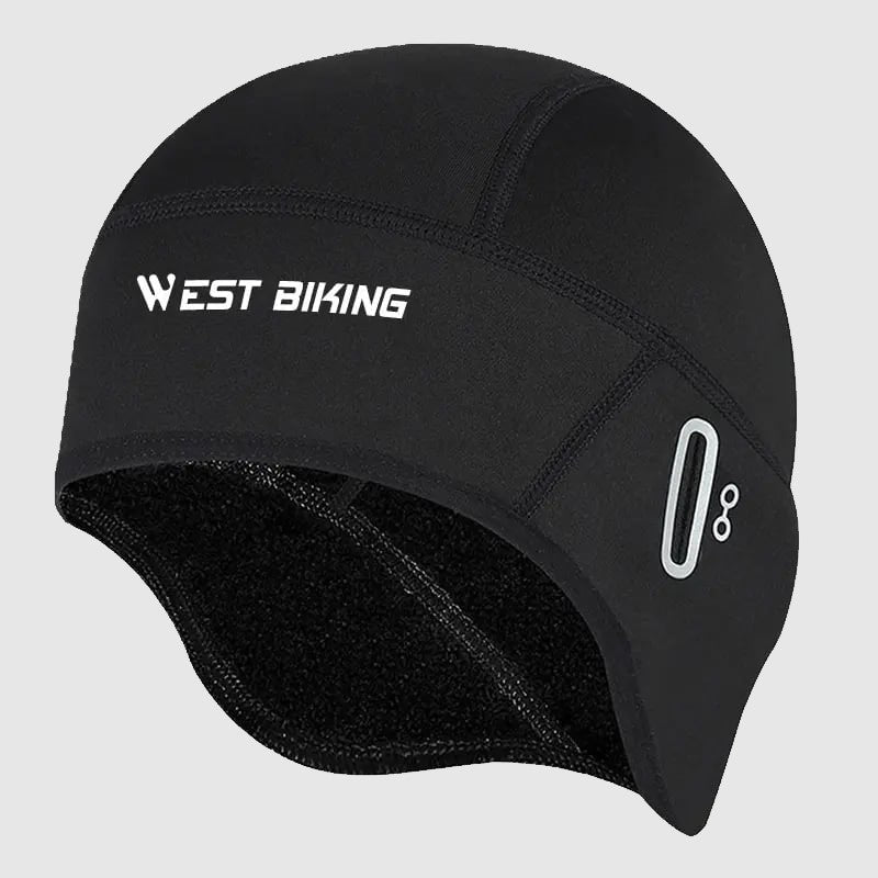 Bob sous casque en tissu noir, conçu pour le cyclisme, avec logo West Biking et coutures renforcées pour un ajustement parfait