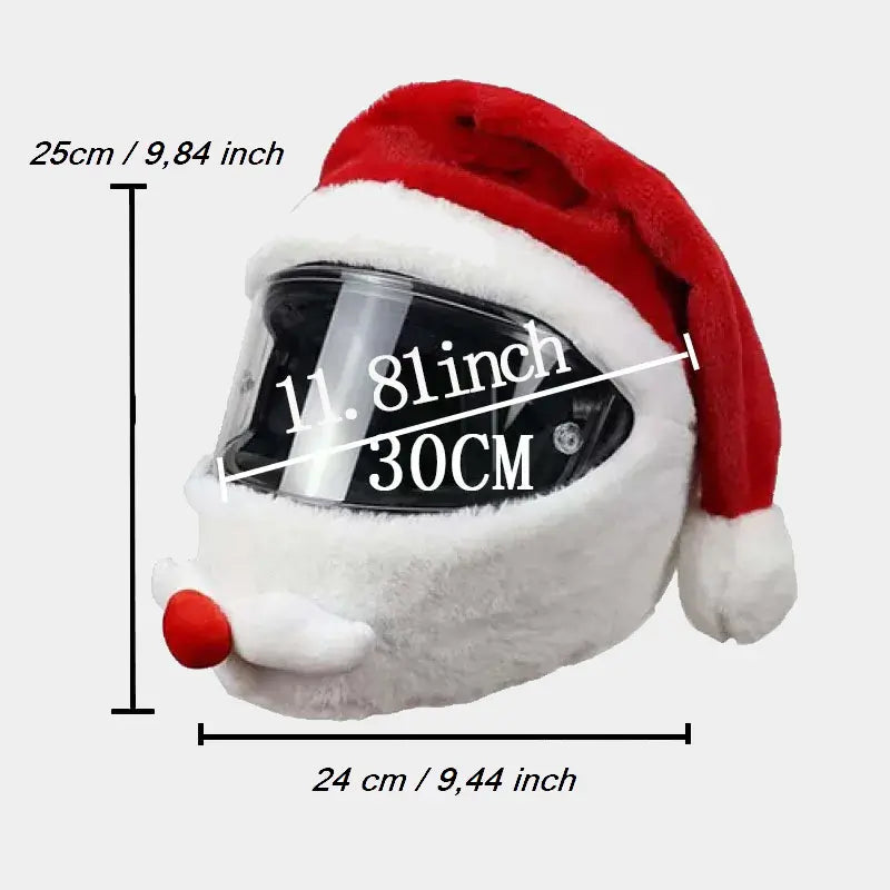 Bonnet Père Noël Casque Moto avec mesures indiquées : 25 cm de haut et 30 cm de large. Recouvre un casque intégral avec ouverture pour la visière.