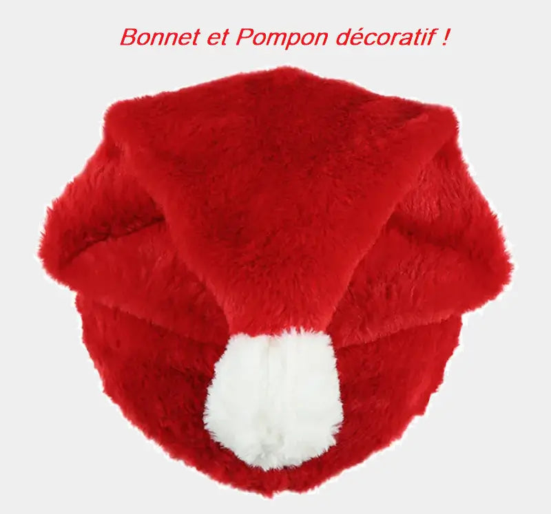 Vue de dessus du Bonnet Père Noël Casque Moto, mettant en avant son tissu rouge en fausse fourrure et son pompon blanc décoratif à l’arrière. Accessoire festif conçu pour recouvrir un casque intégral.