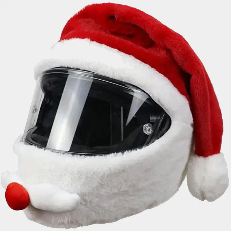 Bonnet Père Noël Casque Moto vu de profil, avec son bonnet rouge, pompon blanc, moustache en fausse fourrure et nez rouge décoratif.