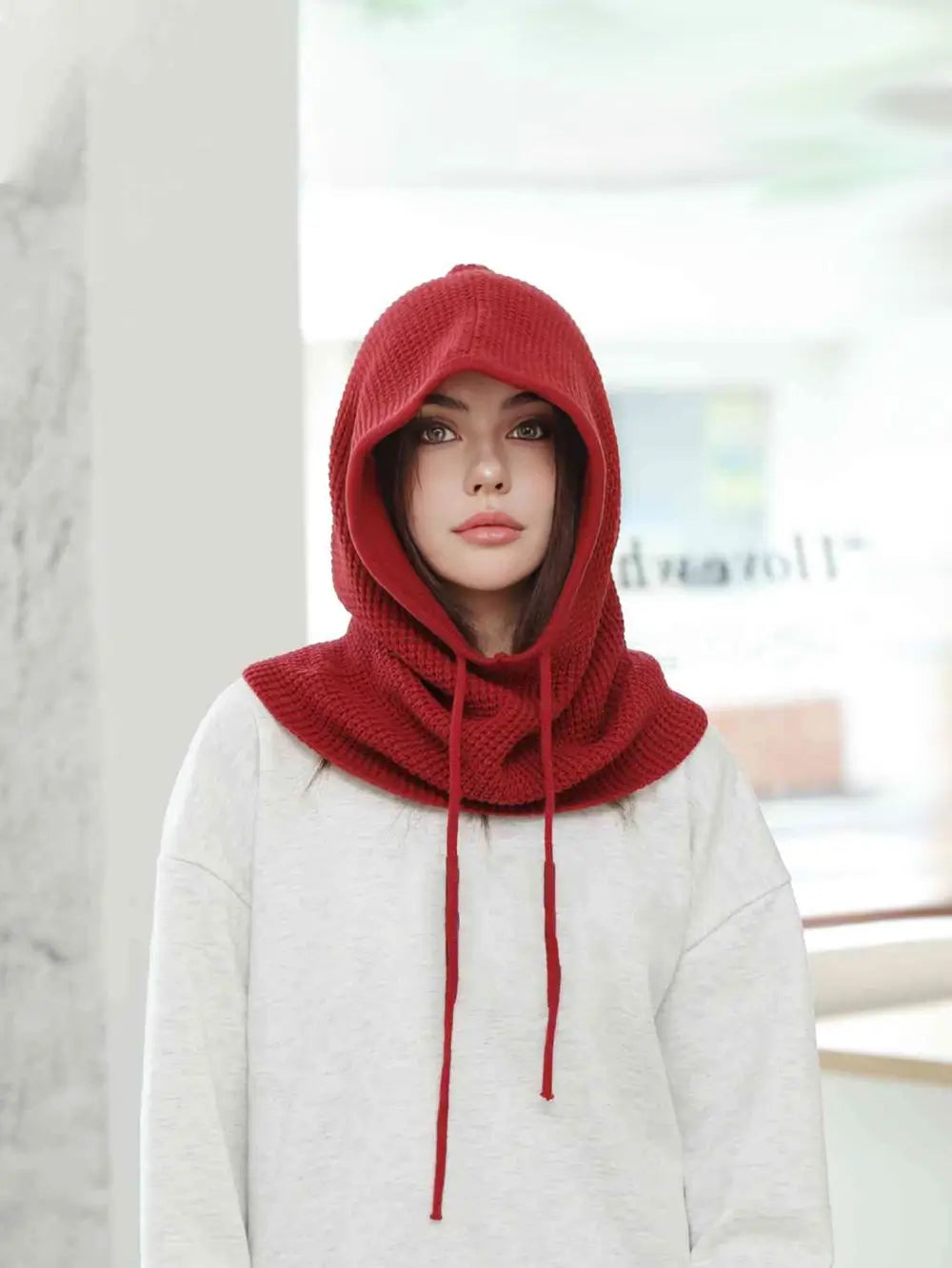 Femme portant une cagoule cache cou femme rouge en laine, capuche relevée avec cordons ajustables, offrant chaleur et élégance dans un environnement intérieur lumineux.