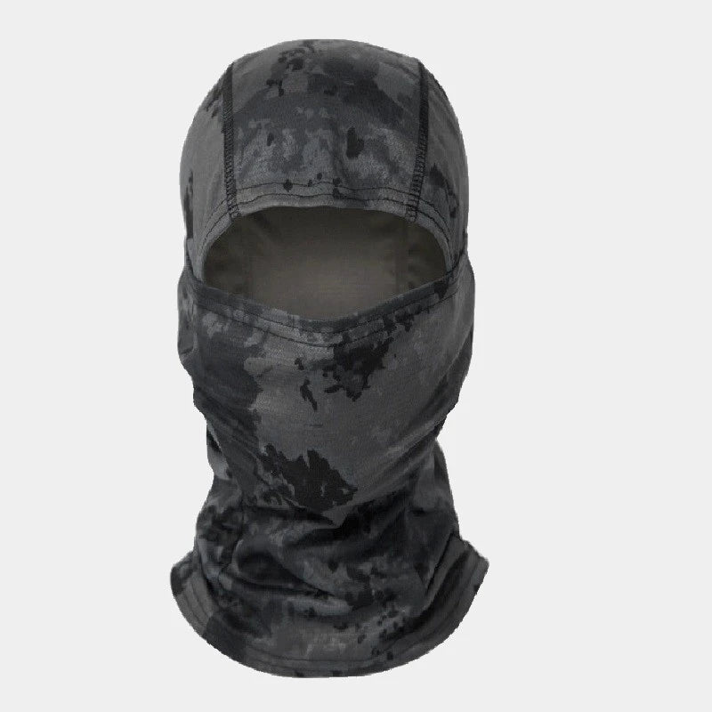 Cagoule camouflage militaire gris foncé, adaptée aux environnements urbains et tactiques.