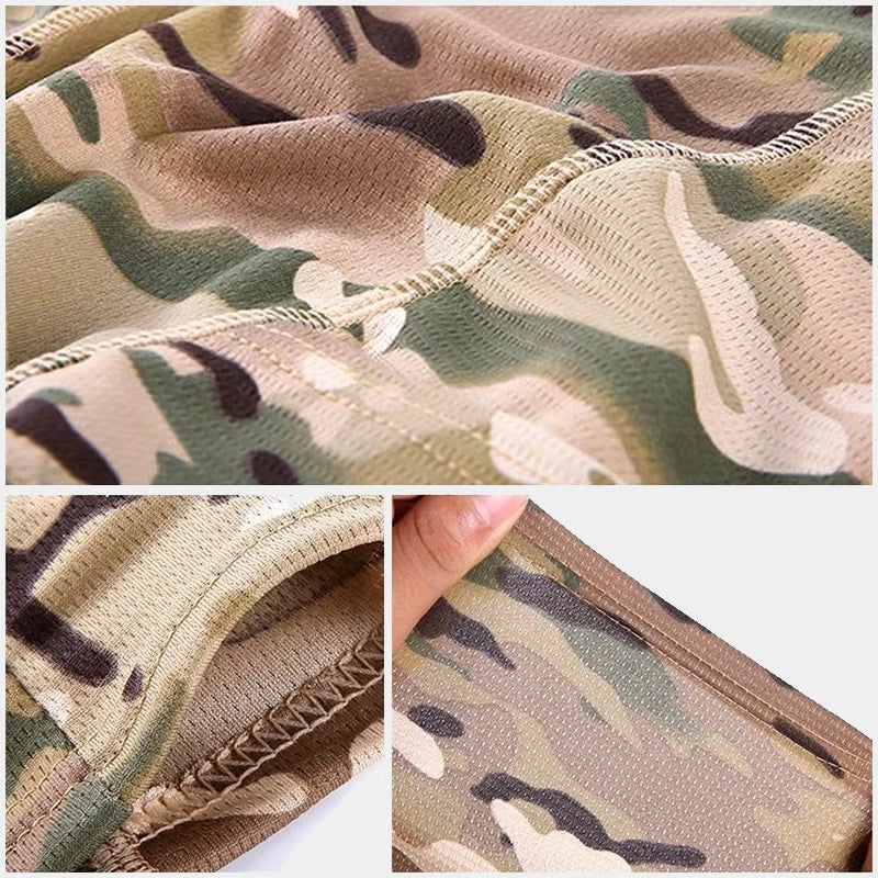 Zoom sur le tissu d’une cagoule camouflage militaire, mettant en avant texture et qualité.