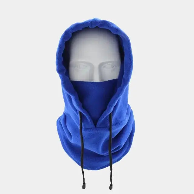 Cagoule capuche bleue unisexe en polaire douce sur un fond blanc, avec cordons ajustables et ouverture faciale complète pour une chaleur optimale.