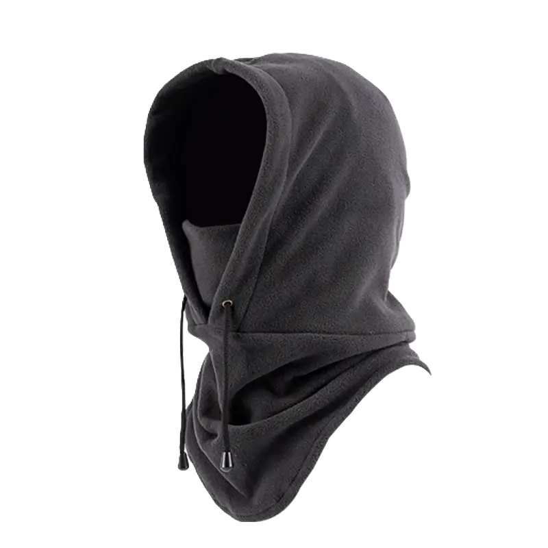 Cagoule capuche grise, vue de profil, conçue pour protéger du froid en hiver. Son design ergonomique avec capuche enveloppante et col allongé assure une couverture optimale du visage et du cou. Cordon d'ajustement latéral pour un maintien parfait.