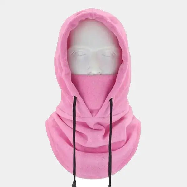 Cagoule capuche rose unisexe en polaire douce sur un fond blanc, avec cordons ajustables et ouverture faciale complète pour une chaleur optimale.