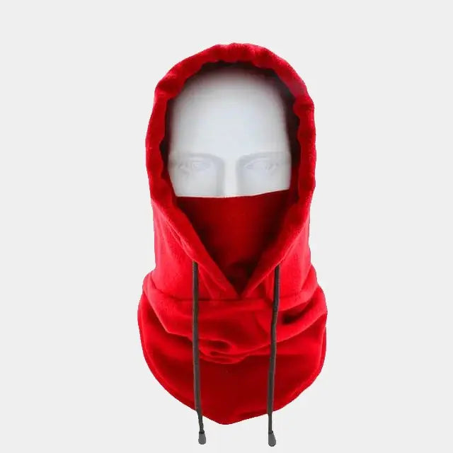 Cagoule capuche rouge unisexe en polaire douce sur un fond blanc, avec cordons ajustables et ouverture faciale complète pour une chaleur optimale.