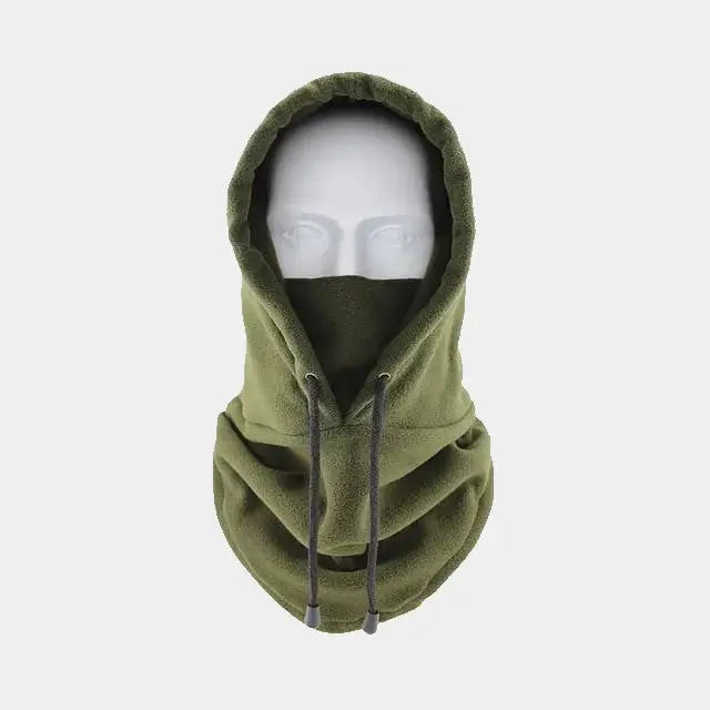 Cagoule capuche verte unisexe en polaire douce sur un fond blanc, avec cordons ajustables et ouverture faciale complète pour une chaleur optimale.