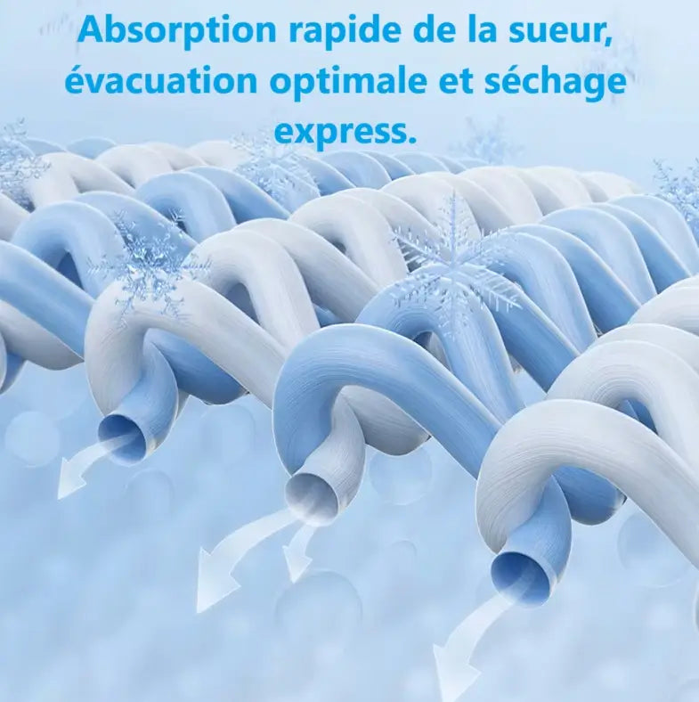 Gros plan sur des fibres textiles bleu et blanc illustrant l'absorption rapide de la sueur, l'évacuation optimale de l'humidité, et le séchage express, avec des flocons de neige symbolisant la fraîcheur et la respirabilité du tissu.