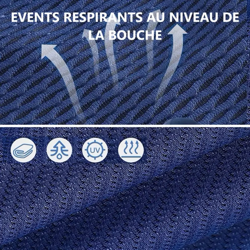 Gros plan sur un tissu bleu avec des évents respirants au niveau de la bouche, montrant des flèches symbolisant la circulation de l'air. Les icônes illustrent les caractéristiques du tissu : respirabilité, protection UV, évacuation de l'humidité, et légèreté, idéales pour un usage prolongé et confortable.