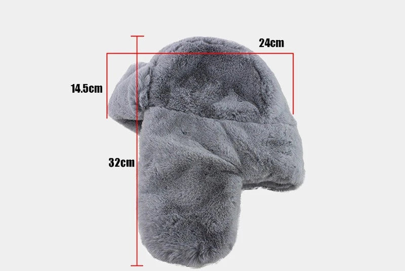 Schéma technique de la Cagoule Chapka, indiquant les dimensions précises et les proportions de la protection en fausse fourrure pour un ajustement confortable.