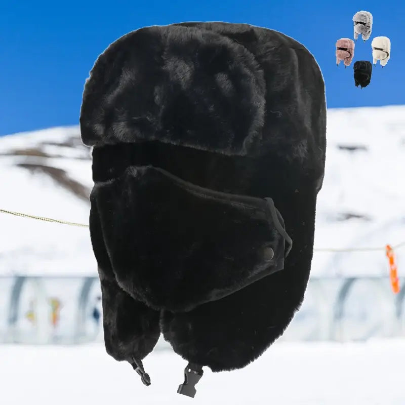 Cagoule Chapka noire en fausse fourrure, flottant devant un décor de montagne enneigée, avec mentonnière rabattable et oreillettes épaisses pour une protection optimale par temps froid. Idéale pour les activités hivernales en extérieur.