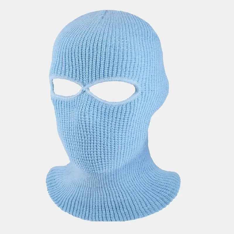 Cagoule Chouette bleue en tricot épais, couvrant la tête et le cou, parfaite pour le froid et les activités extérieures.