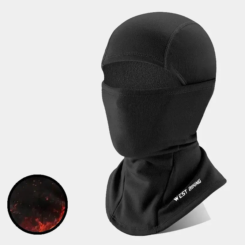 Cagoule cyclisme noire avec protection intégrale pour le visage et le cou, conçue en matériau thermique respirant, idéale pour les sorties en hiver et les conditions extrêmes.