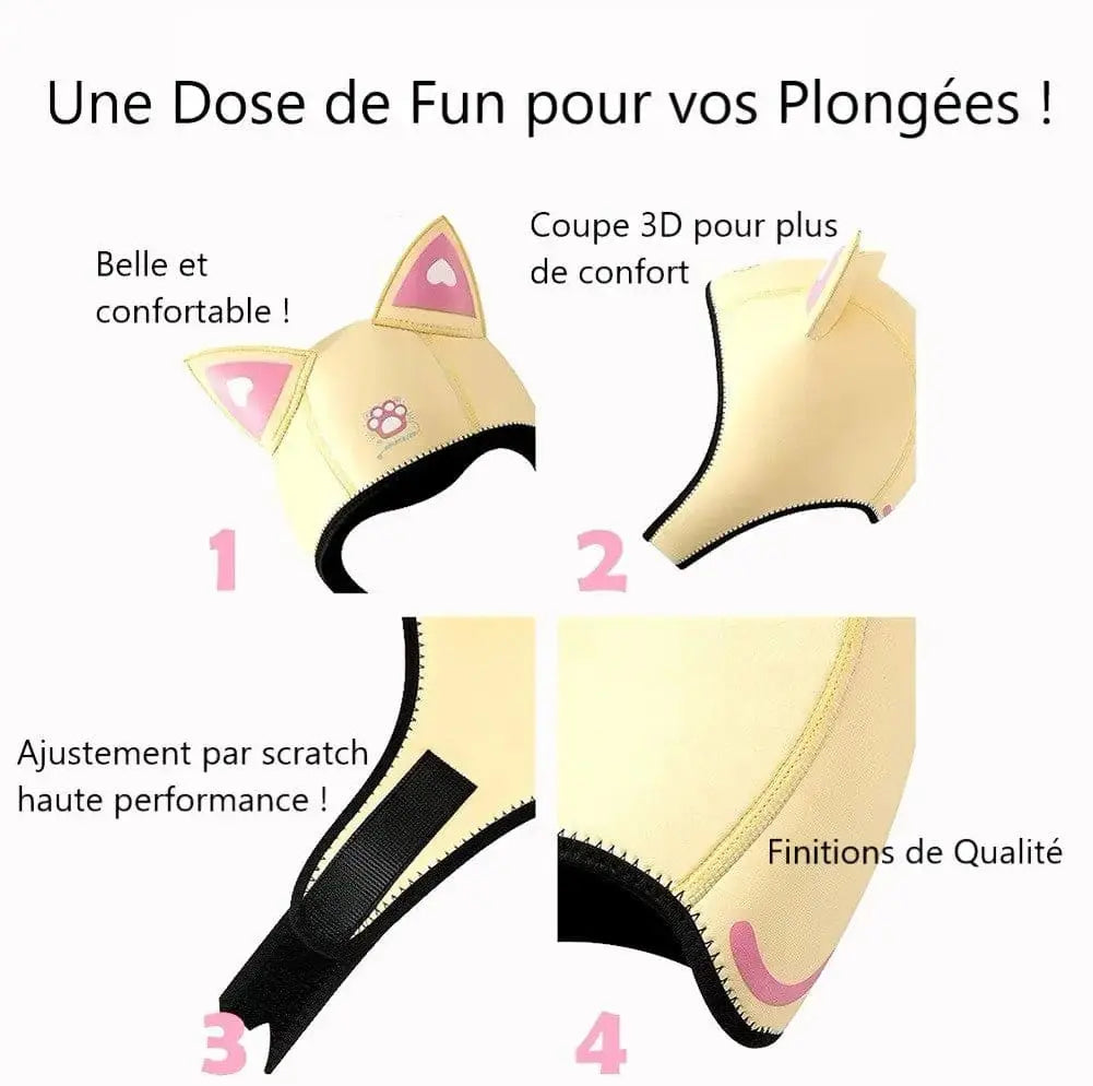 Infographie détaillant les caractéristiques de la cagoule de plongée humoristique : coupe ergonomique, ajustement parfait sous un masque, coutures renforcées et matière souple pour un confort optimal.