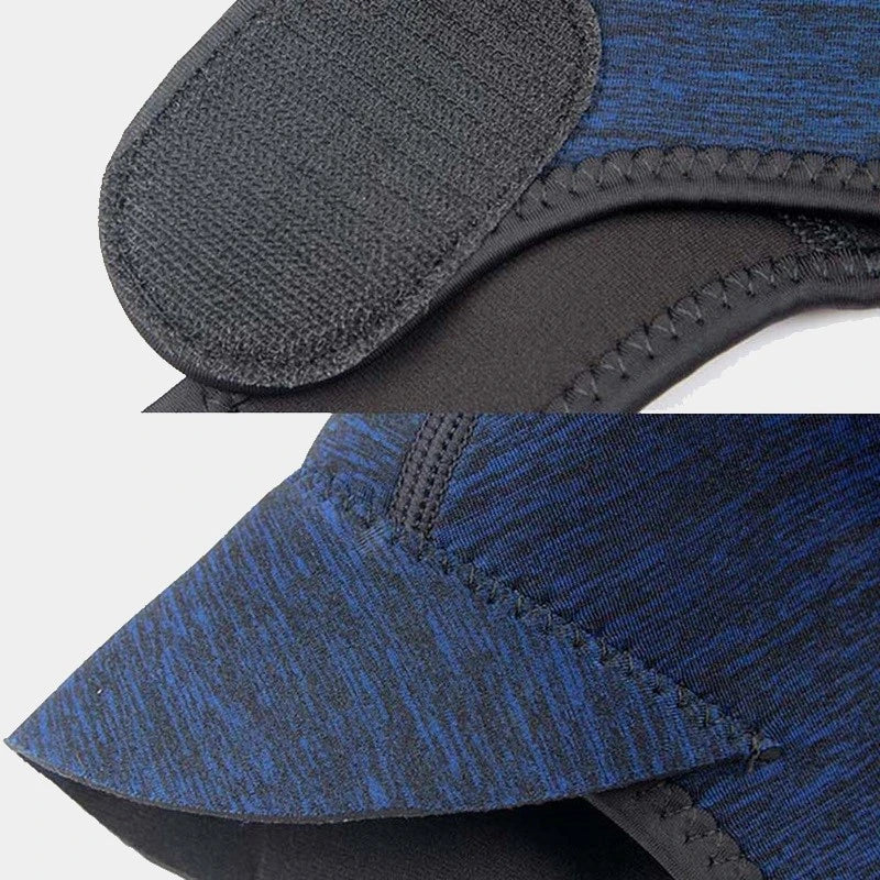 Détail de la fixation en velcro ajustable sur la cagoule de surf en néoprène bleu, assurant un maintien sécurisé et un ajustement précis.