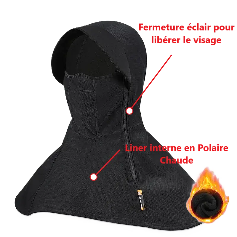 Liner interne d'une cagoule de chasse noire avec liner interne en polaire chaude, fermeture éclair permettant de libérer le visage et design couvrant pour une protection optimale. Icône de chaleur en bas à droite pour illustrer la protection thermique.