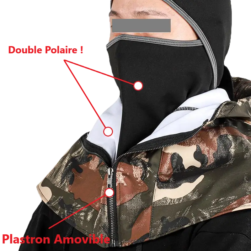 Homme portant une cagoule de chasse camouflage avec double polaire pour une chaleur accrue et un plastron amovible pour une protection personnalisée. Des annotations mettent en évidence les fonctionnalités clés du produit, conçu pour des activités en plein air dans des conditions froides.