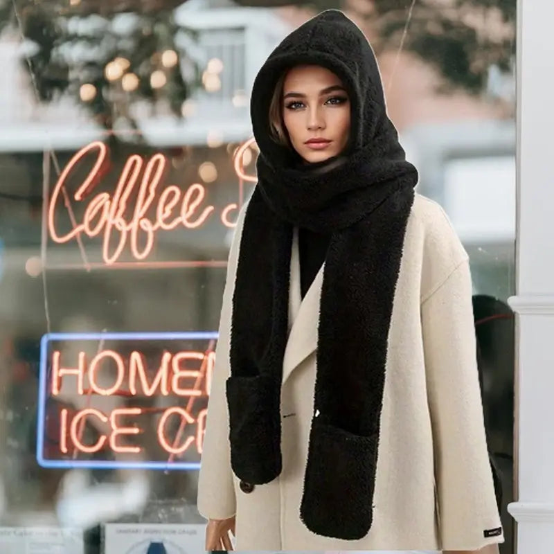 Femme portant une cagoule écharpe noire élégante et chaude, enveloppée pour protéger sa tête et son cou, posant devant une vitrine avec des enseignes lumineuses.