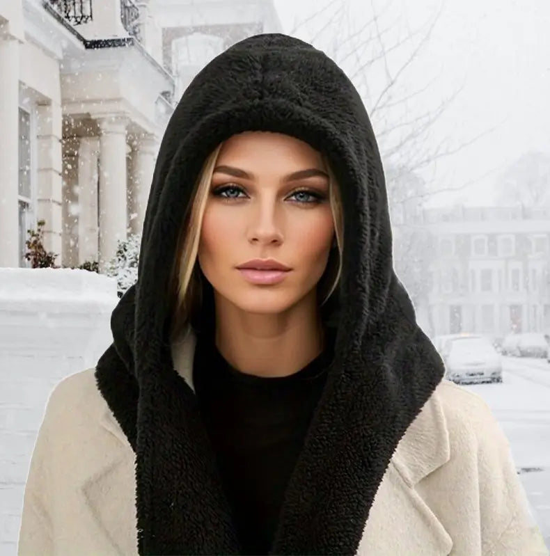 Femme élégante portant une cagoule écharpe noire en matière épaisse, idéale pour l’hiver, posant devant une maison de style classique dans un environnement enneigé.