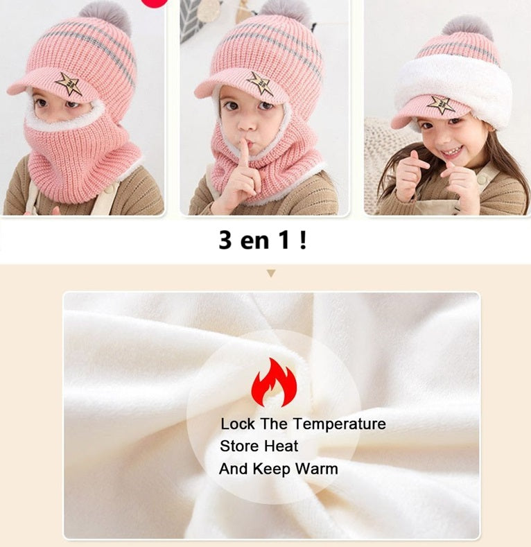 Cagoule enfant 3 en 1 tricotée rose avec pompon gris, présentée sous trois styles différents : cagoule complète, capuche avec visière et bonnet. En bas, tissu blanc doux avec texte 'Lock the Temperature, Store Heat and Keep Warm', soulignant ses propriétés thermiques.