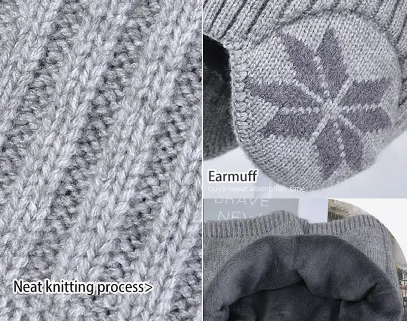 Détails d’une cagoule enfant cache oreille gris clair en tricot, montrant le processus de tricot soigné, les cache-oreilles décorés d’un motif flocon et la doublure intérieure en peluche douce, soulignant le confort et la qualité.