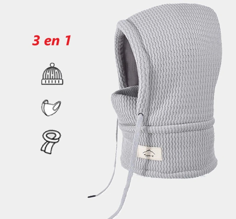 Cagoule Enfant Hiver avec tour de cou grise 3 en 1, combinant une cagoule, un bonnet et une écharpe. Tricot texturé avec cordons ajustables pour un confort optimal en extérieur.