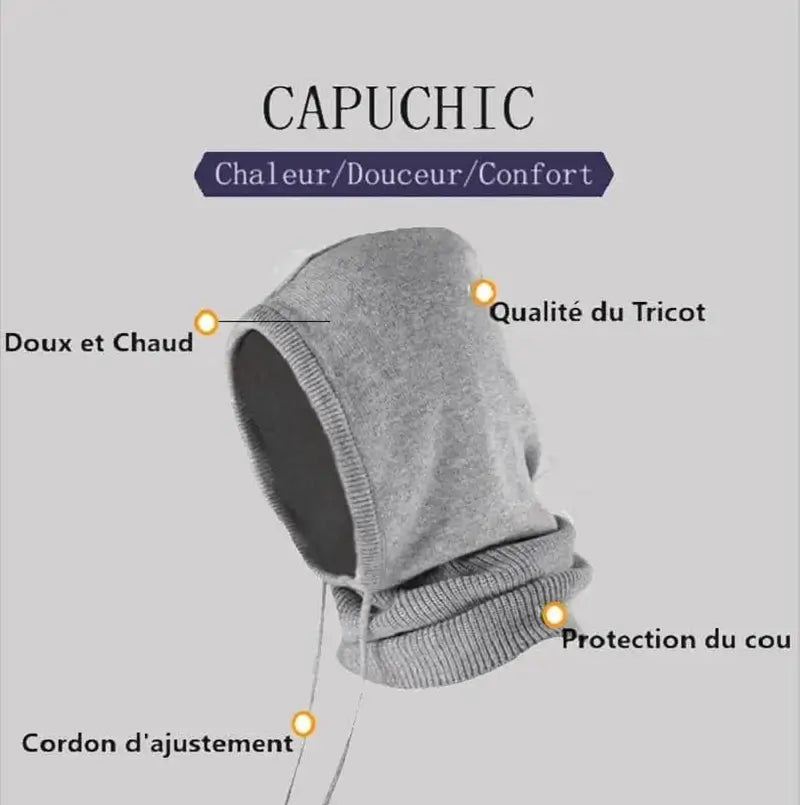 Cagoule femme hiver noire présentée en gris dans un encart informatif, avec des descriptions des caractéristiques : doublure polaire, cordons ajustables et excellente isolation.