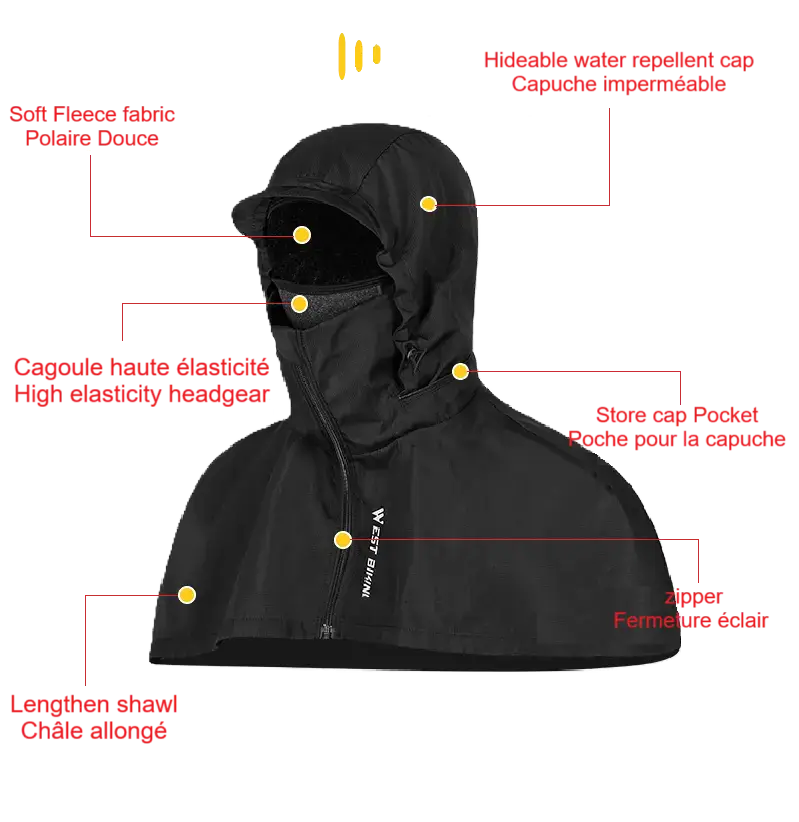 Schéma technique détaillé d'une cagoule intégrale noire avec capuche ajustable, coutures renforcées, et protection coupe-vent. Idéale pour les conditions extrêmes.