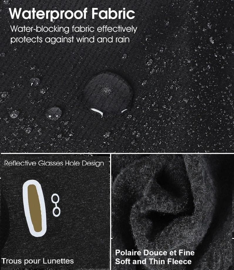 Zoom sur le tissu imperméable d'une cagoule intégrale noire, montrant sa résistance à l'eau et sa protection contre l'humidité. Inclut des détails comme un logo réfléchissant et une finition étanche.