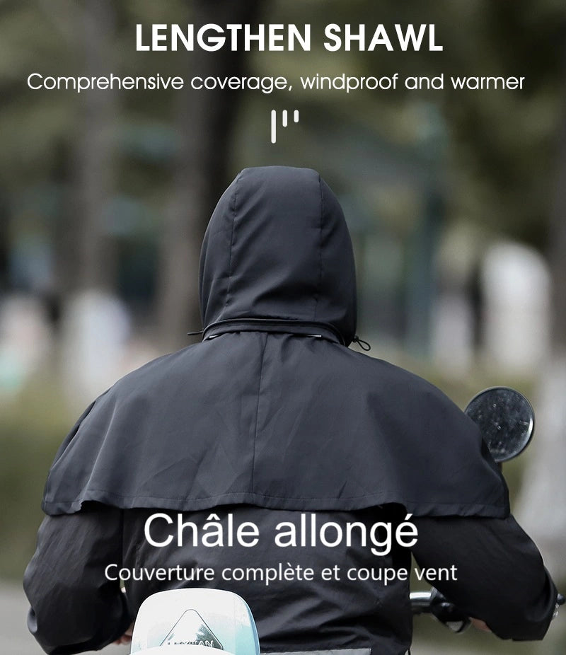 Black full-face balaclava with extended shawl for extended coverage, perfect for protection against wind and cold. An outdoor cyclist in action.