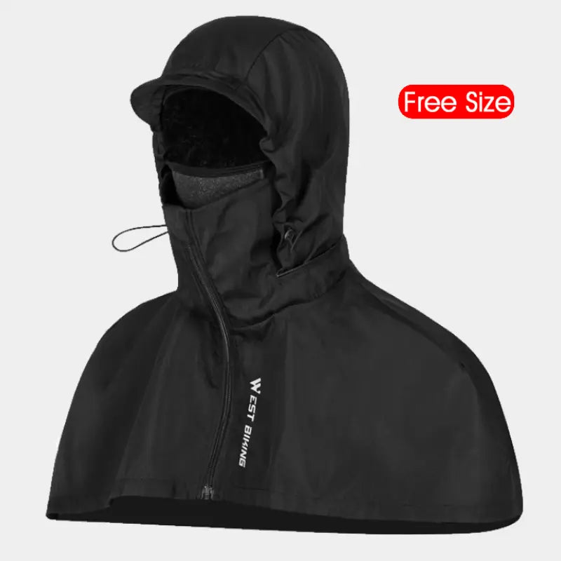 One-size-fits-all black balaclava with adjustable hood, presented on a white background. Ideal for winter activities or bad weather.