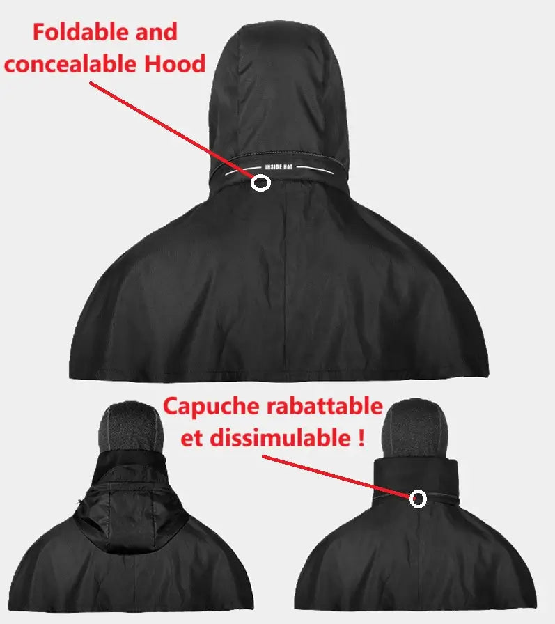 Black full balaclava with a foldable and removable hood, shown in different configurations. Versatile design for outdoor use.