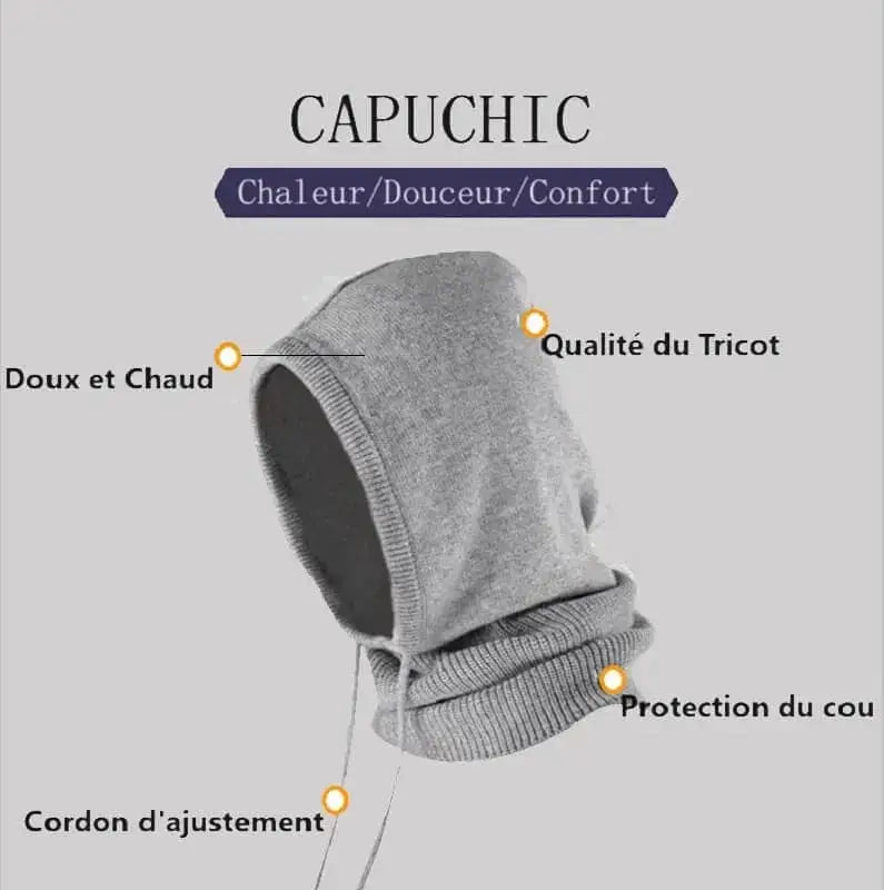 Infographie détaillant les caractéristiques de la cagoule laine femme Capuchic : douceur, qualité du tricot, protection du cou et cordons ajustables.