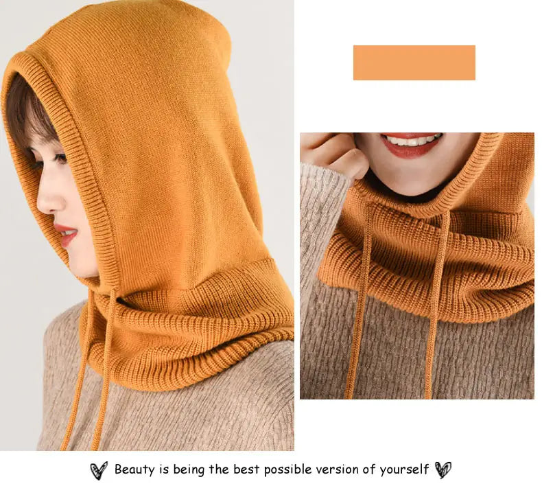 Comparaison de deux perspectives d’une cagoule laine femme orange, soulignant sa coupe ajustée et son tissu doux idéal pour l’hiver.