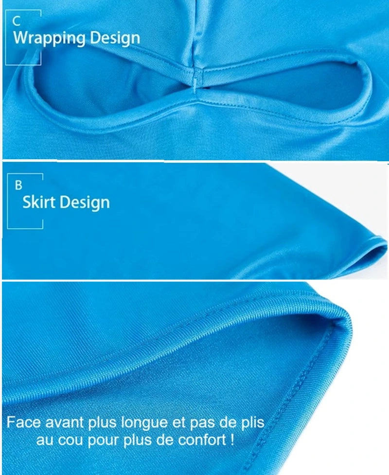 Gros plan sur la conception de la cagoule moto chouette, mettant en avant le design du col allongé pour éviter l’accumulation au cou et améliorer le confort.