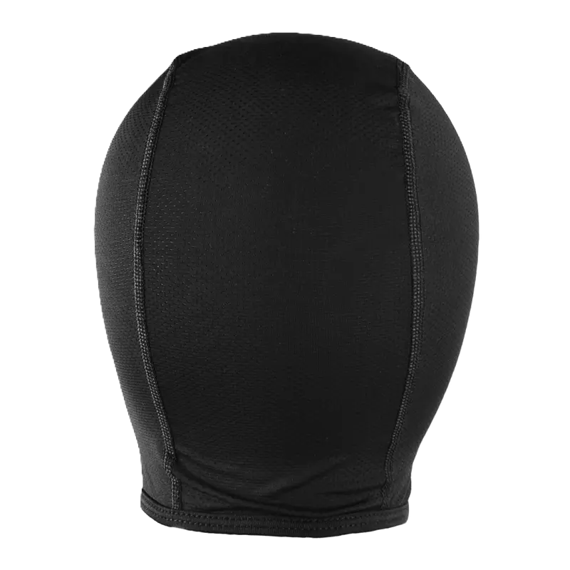 Vue arrière de la Cagoule Moto en Soie noire, mettant en avant les coutures ergonomiques et la coupe ajustée pour un confort optimal sous un casque de moto ou de vélo.