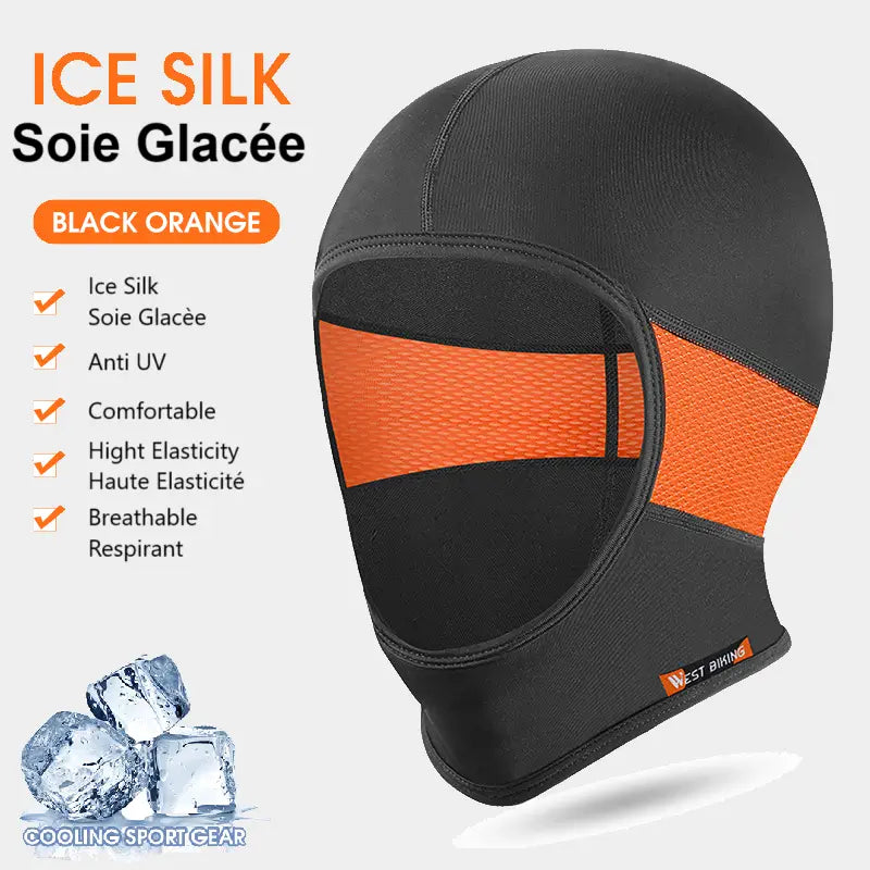 Cagoule moto en soie Maxvision avec un design noir et orange dynamique. Confection en soie glacée pour une sensation douce et soyeuse, idéale pour les longs trajets à moto.