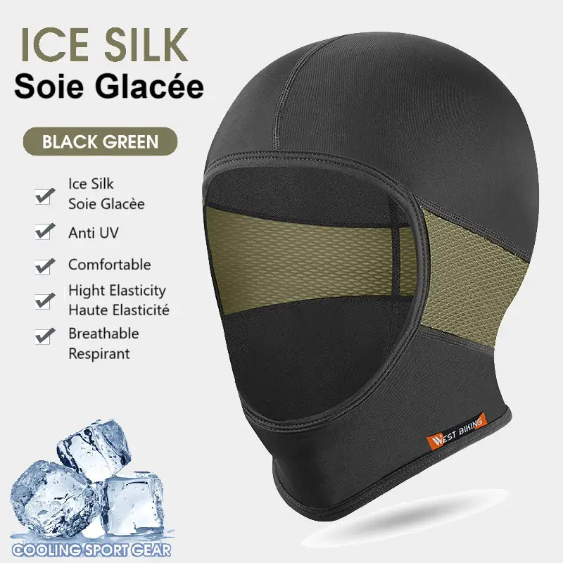 Cagoule moto en soie Maxvision en coloris noir et vert. Conception en soie glacée respirante, anti-UV et ultra-confortable, idéale pour une protection efficace sous le casque moto.