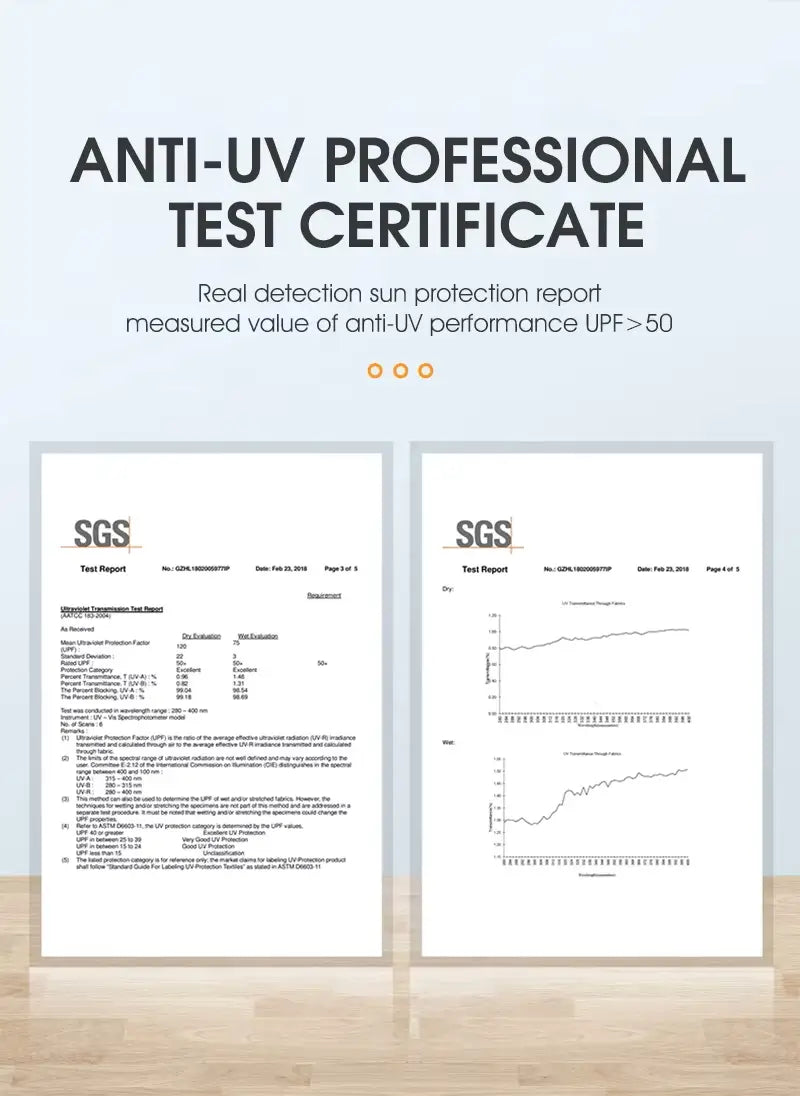 Certificat de test professionnel confirmant les propriétés anti-UV de la cagoule moto été minimaliste, assurant une protection fiable contre les rayons nocifs du soleil.