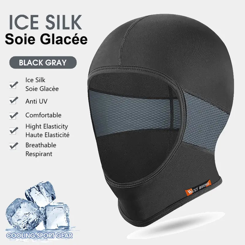 Cagoule moto été minimaliste noire et grise, avec caractéristiques de tissu respirant, léger, et rafraîchissant, idéale pour les climats chauds et la protection sous casque.