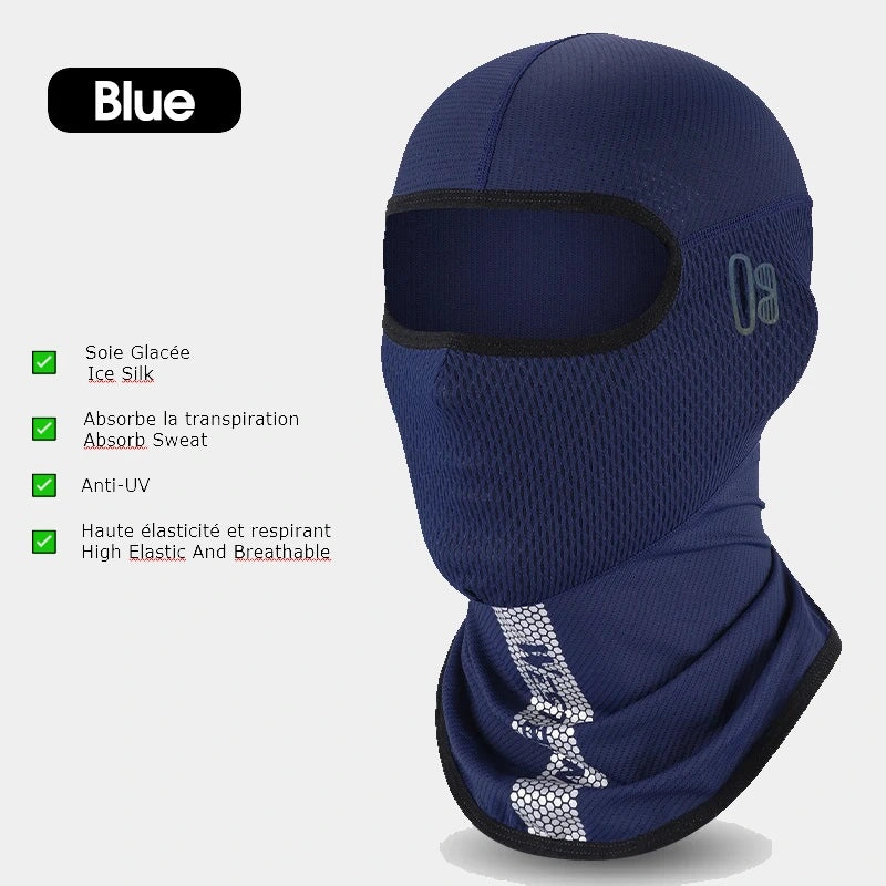 Présentation détaillée de la Cagoule Moto été SilkAir en couleur bleu marine. Mise en avant des caractéristiques : tissu léger et respirant, protection solaire UPF50+, ajustement ergonomique et maille ventilée pour un confort optimal en été.