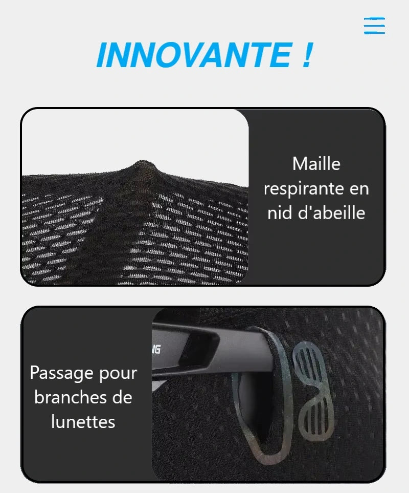 Zoom sur la technologie innovante de la Cagoule Moto été SilkAir : maille respirante en nid d’abeille pour une aération maximale et passage intégré pour les branches de lunettes, garantissant un ajustement parfait sous le casque.