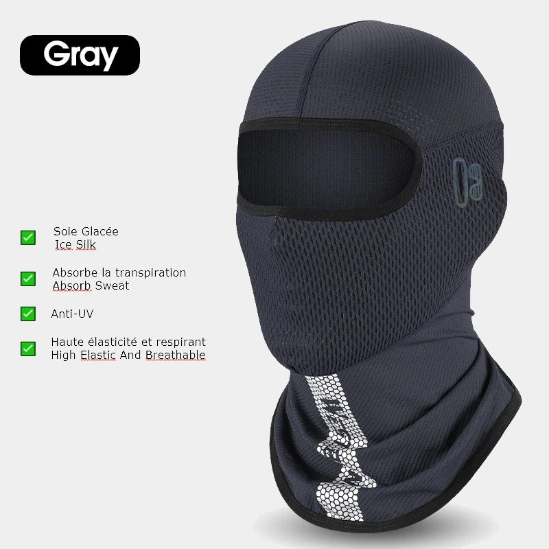 Présentation de la Cagoule Moto été SilkAir en gris. Tissu respirant, coupe ergonomique, et protection UV UPF50+ pour une conduite confortable en été. Protège entièrement la tête et le cou tout en restant léger sous un casque moto.