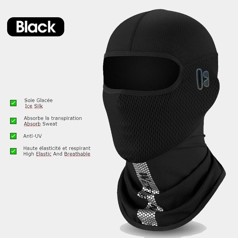 Présentation de la Cagoule Moto été SilkAir en noir. Design intégral avec ouverture pour les yeux, tissu respirant en maille fine et protection solaire avancée. Idéale pour protéger des vents et des UV lors des trajets en moto.