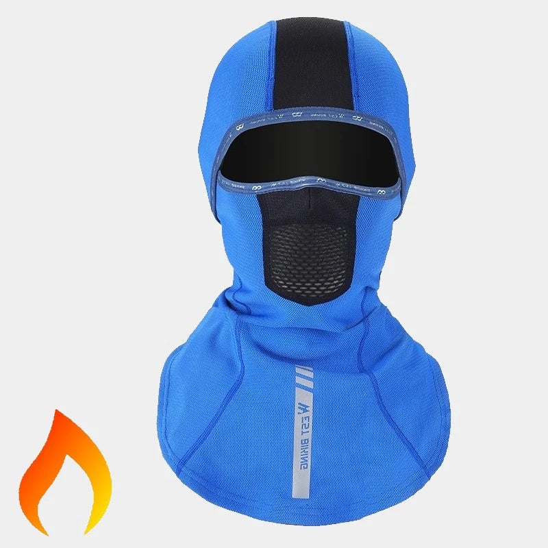 Vue frontale d'une Cagoule Moto pour femme à cheveux longs en bleu foncé, parfaite pour l'hiver grâce à son isolation thermique et sa doublure chaude.