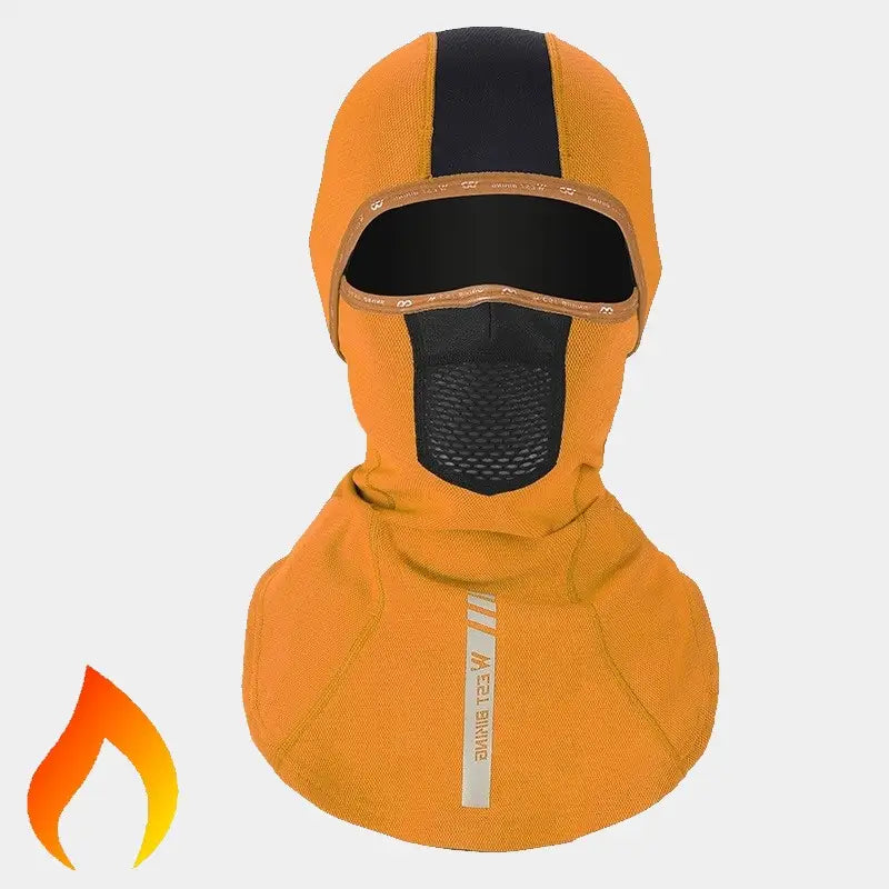 Cagoule Moto orange pour femme à cheveux longs, avec un design robuste et une coupe adaptée pour les trajets hivernaux.