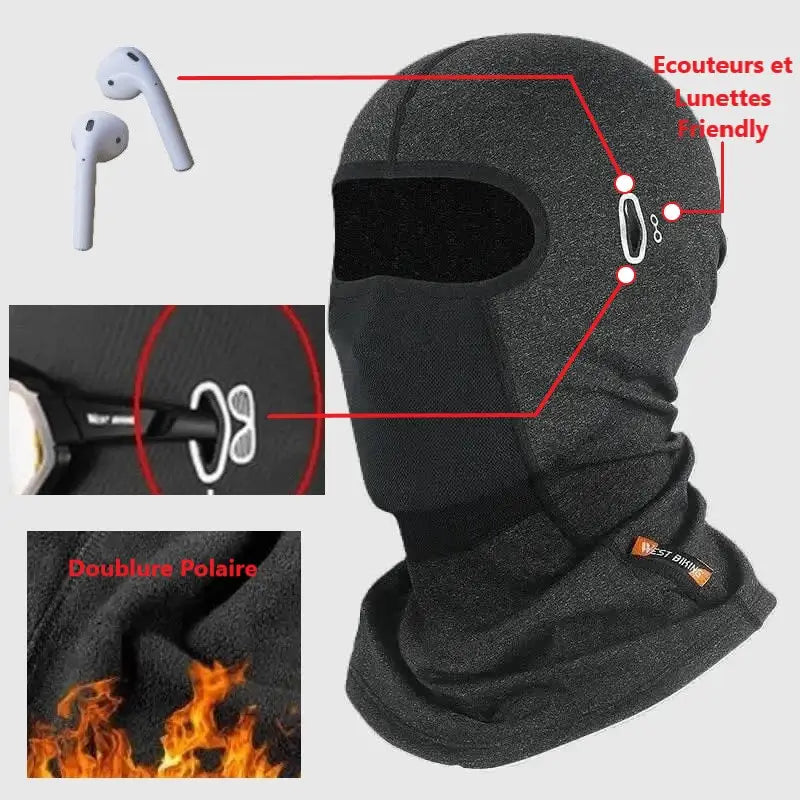 Cagoule moto hiver, Grise avec doublure polaire chaude, design ergonomique compatible avec écouteurs et lunettes, offrant une protection optimale contre le froid et le vent pour les motards.